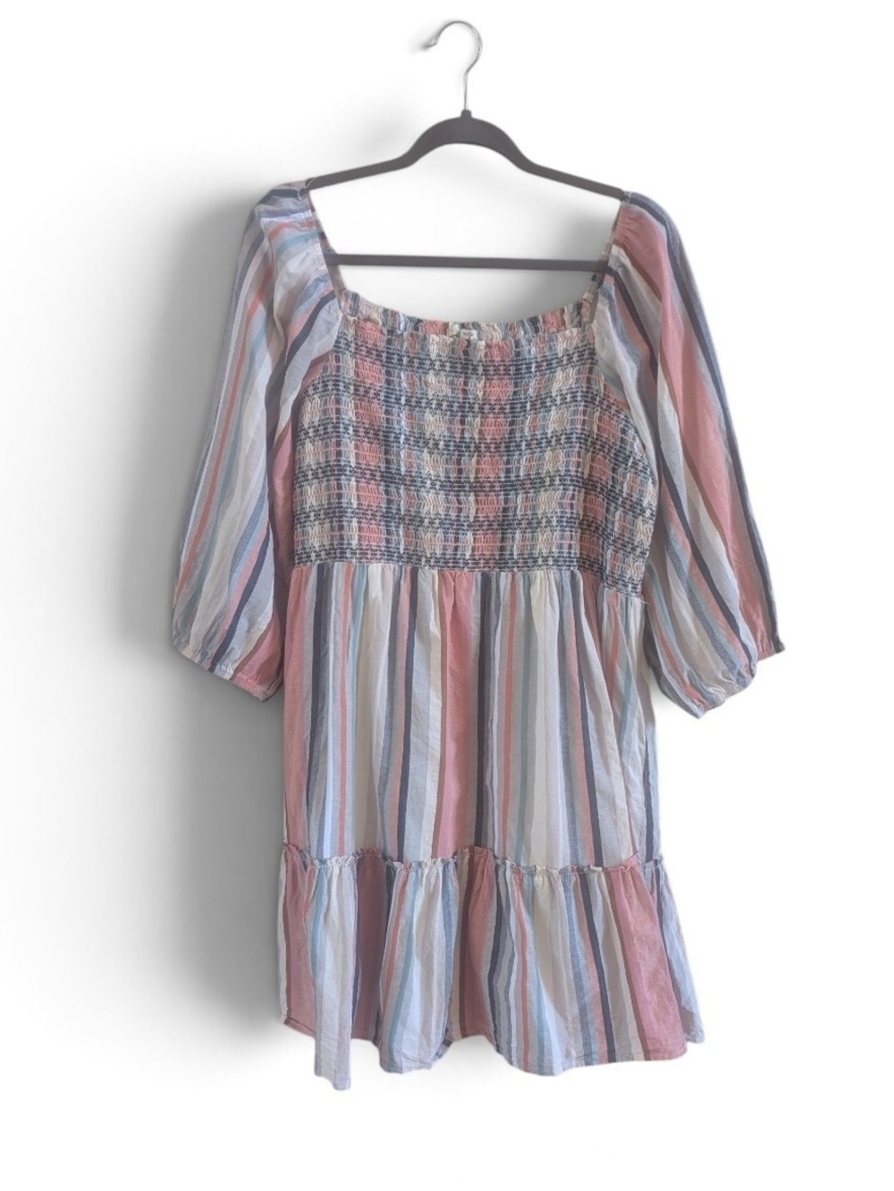 Kate & Sam Striped Smocked Mini Dress 3/4 Puff Sleeve Boho Multi Color - XXL